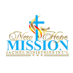 Logo for New Hope Mission with a blue cross, gold accent, and decorative blue and gold text