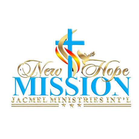 Logo for New Hope Mission with a blue cross, gold accent, and decorative blue and gold text